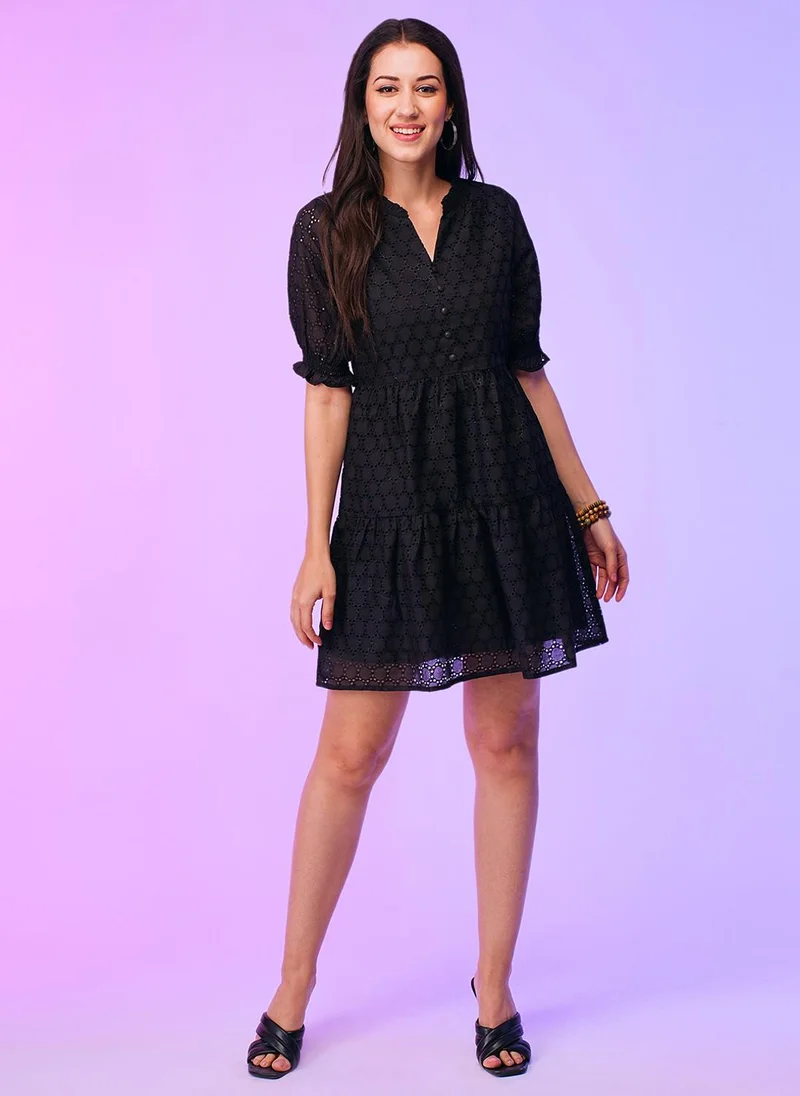 globus Globus Women Notched V-Neck Puff Sleeves Schiffli Design Tiered A-Line Summer Dress